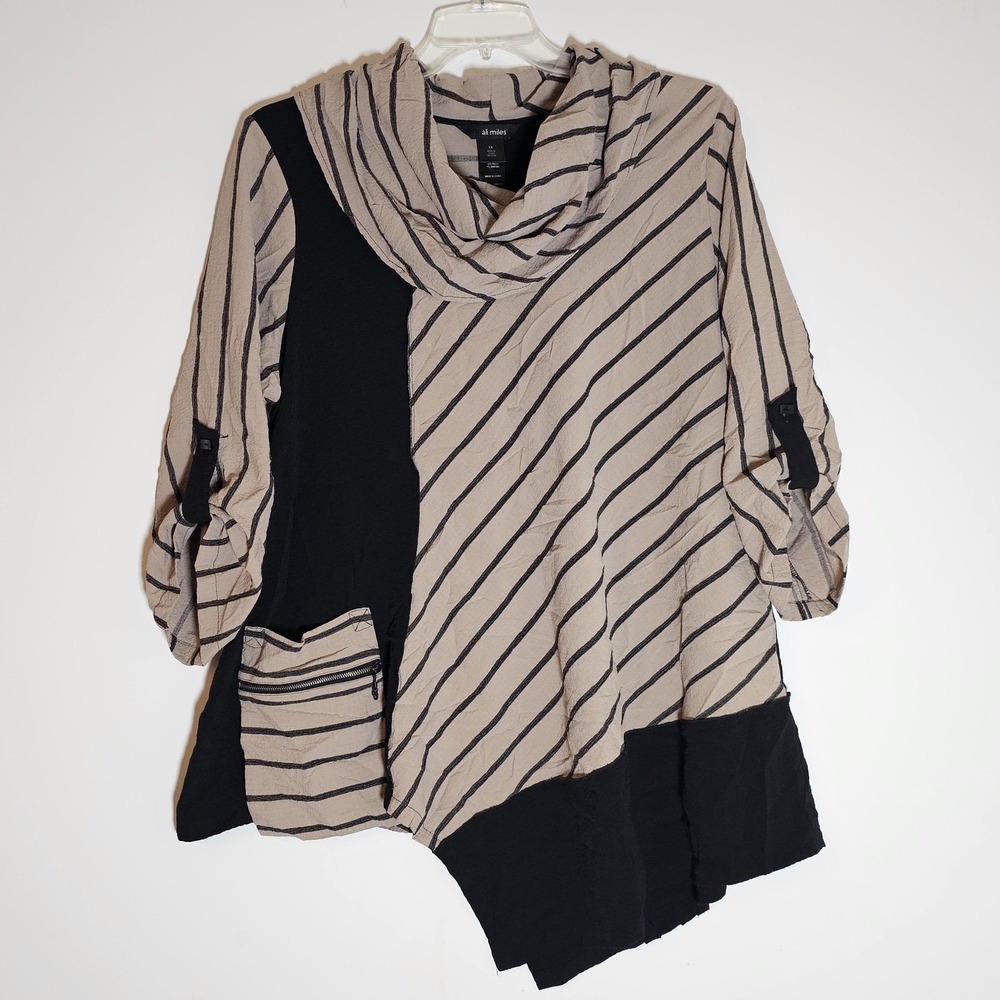 Ali Miles Tunic Womens 1X Beige Black Striped Cowl‎ Neck Asymmetrical Pocket Top